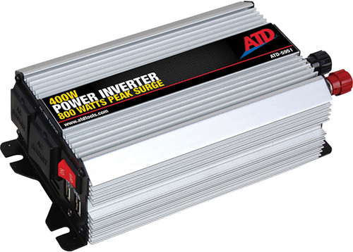 ATD ATD-5951 12v 400w power inverter, (2) usb outputs, (2) 110vac 3-prong outlets, 30" cables with alligator clips