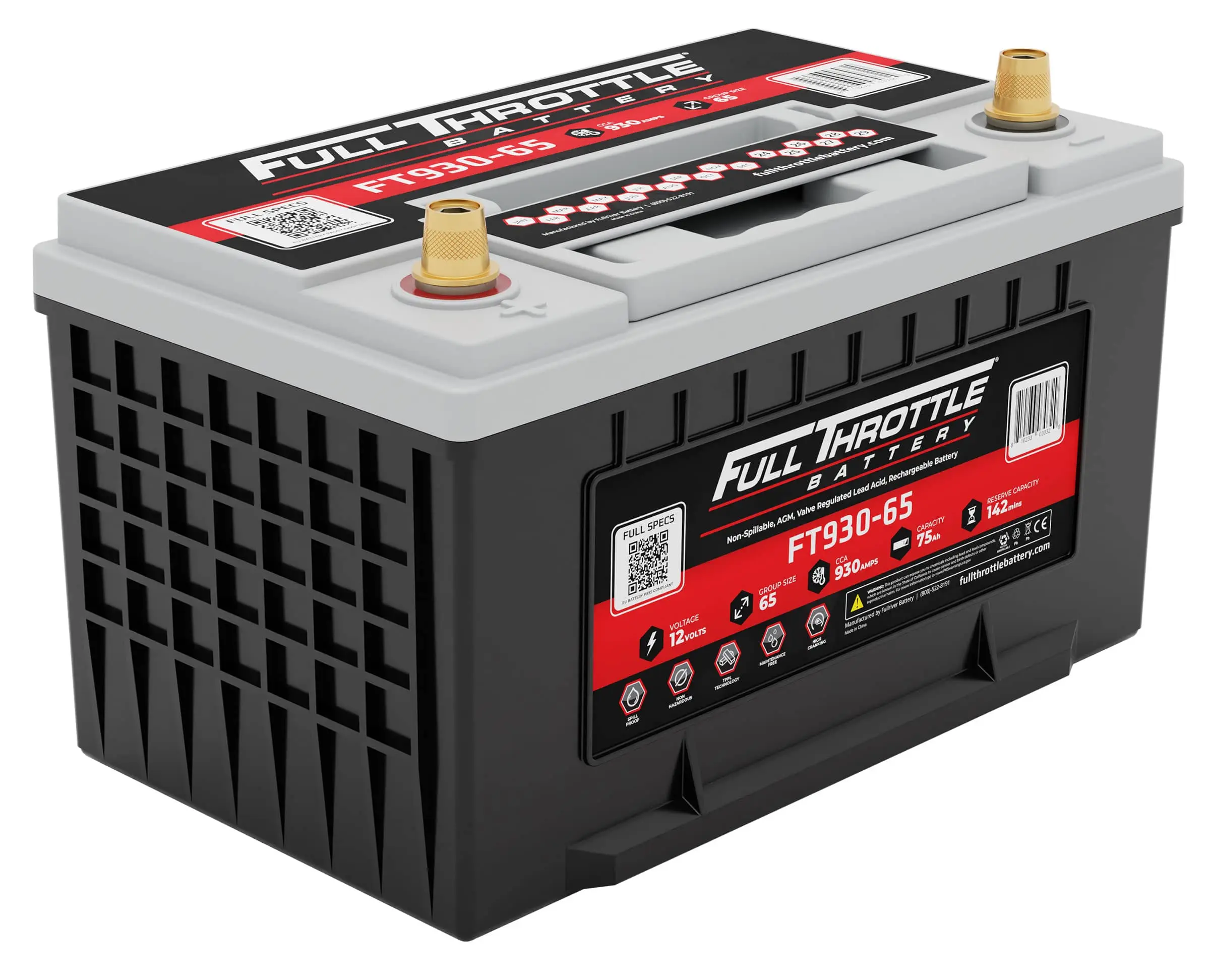 Full Throttle FT930-65 High Performance AGM Battery Group 65, 930CCA, 12V 75AH, LHP, SAE Terminal