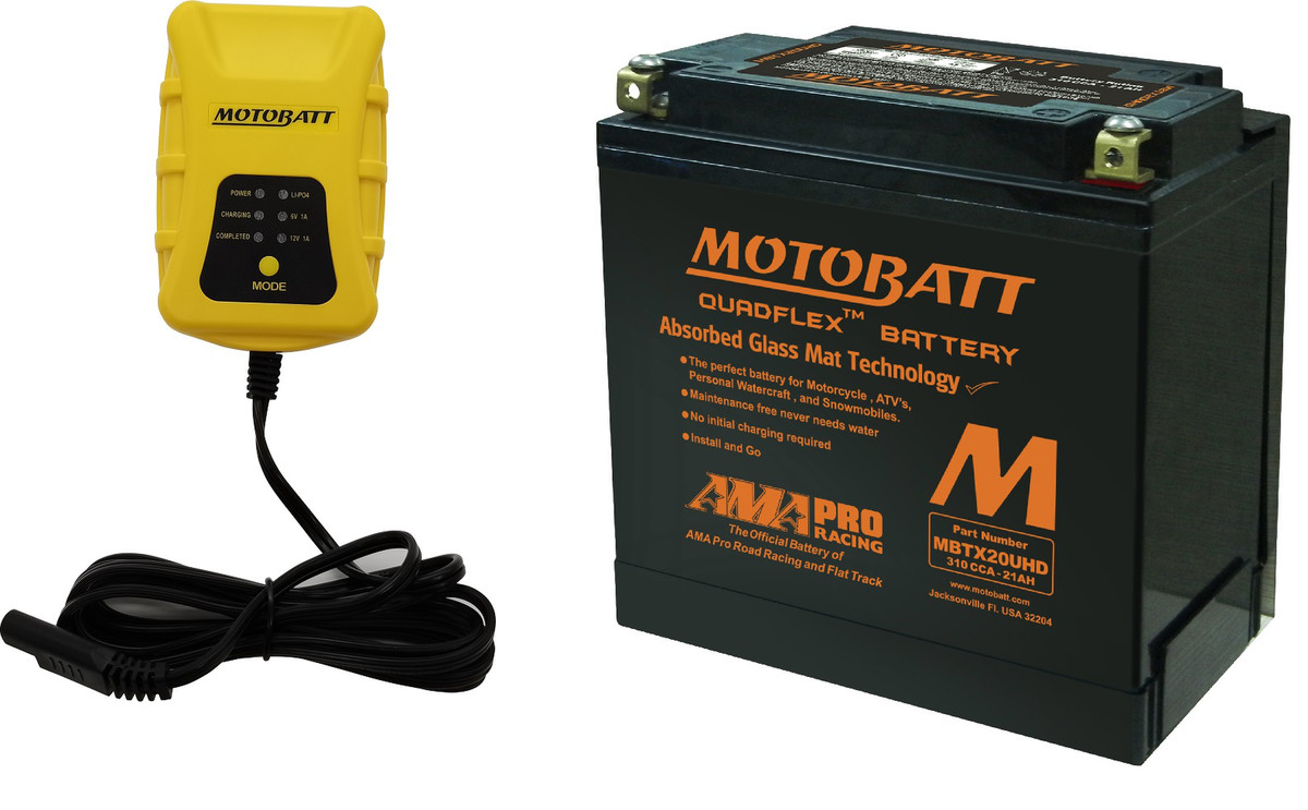 Motobatt Maintenance Charger PDCT1 with MBTX20U QUADFLEX AGM Factory Activated