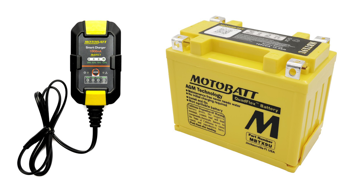 Motobatt Maintenance Charger MBRC1 with MBTX9U QUADFLEX AGM Factory Activated