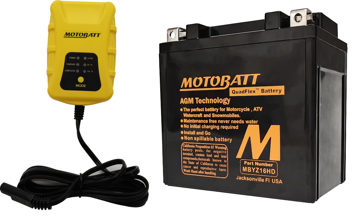 Motobatt Maintenance Charger PDCT1 with MBYZ16HD QuadFlex AGM Factory Activated